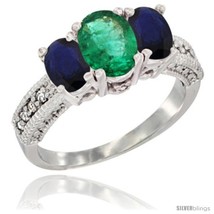 Size 7.5 - 10K White Gold Ladies Oval Natural Emerald 3-Stone Ring with Blue  - £538.44 GBP