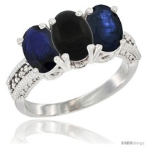 Size 5 - 10K White Gold Natural Black Onyx &amp; Blue Sapphire Ring 3-Stone Oval  - £516.52 GBP