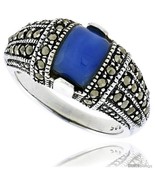 Size 6 - Sterling Silver Oxidized Dome Ring w/ Blue Resin, 3/8in  (10 mm)  - £24.66 GBP