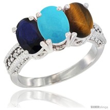 Size 5 - 10K White Gold Natural Blue Sapphire, Turquoise &amp; Tiger Eye Ring  - £500.73 GBP