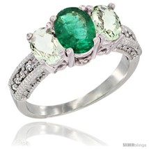Size 6 - 14k White Gold Ladies Oval Natural Emerald 3-Stone Ring with Green  - £604.55 GBP