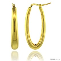 Sterling Silver Italian Puffy Hoop Earrings Plain Oval Shape Design w/ Yellow  - $75.47