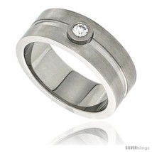 Size 12 - Surgical Steel 8mm Wedding Band Ring CZ Stone Grooved Center Matte  - £17.53 GBP