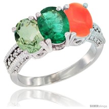 Size 10 - 14K White Gold Natural Green Amethyst, Emerald &amp; Coral Ring 3-Stone  - £591.19 GBP