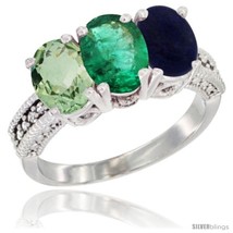 Size 6.5 - 14K White Gold Natural Green Amethyst, Emerald &amp; Lapis Ring 3-Stone  - £586.92 GBP