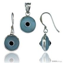 Sterling Silver Light Blue Color Evil Eye Pendant &amp; Earrings  - £13.94 GBP