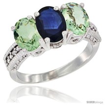 Size 7 - 14K White Gold Natural Blue Sapphire &amp; Green Amethyst Sides Ring  - £613.82 GBP