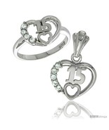 Size 6 - Sterling Silver Quinceanera 15 ANOS Heart Ring &amp; Pendant Set CZ... - £55.55 GBP
