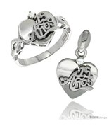 Size 6 - Sterling Silver Quinceanera 15 ANOS Heart Ring &amp; Pendant Set CZ... - £53.34 GBP