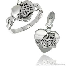 Size 6 - Sterling Silver Quinceanera 15 ANOS Heart Ring & Pendant Set CZ Stones  - £52.79 GBP