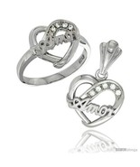 Size 6 - Sterling Silver AMOR Heart Ring &amp; Pendant Set CZ Stones Rhodium  - £59.66 GBP