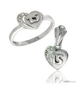 Size 6 - Sterling Silver Quinceanera 15 ANOS Heart Ring &amp; Pendant Set CZ... - £43.98 GBP