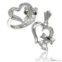 Sterling silver heart w bow heart ring pendant set cz stones rhodium finished thumb200