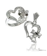 Size 6 - Sterling Silver Heart w/ Bow Heart Ring &amp; Pendant Set CZ Stones  - £64.98 GBP