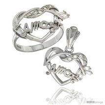 Size 6 - Sterling Silver AMOR w/ Cupid&#39;s Bow Ring &amp; Pendant Set CZ Stones  - £66.87 GBP