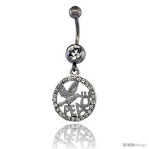 Surgical Steel PEACE Belly Button Ring w/ Crystals, 1 3/16 in (30 mm) tall  - £9.79 GBP