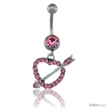 Surgical Steel Heart &amp; Arrow Belly Button Ring w/ Pink Crystals, 1 1/16 ... - £9.63 GBP