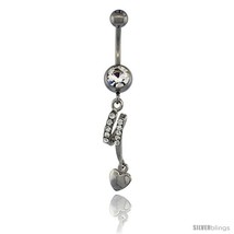 Surgical Steel Dangle Heart Belly Button Ring w/ Crystals, 1 3/8 in (35 ... - £9.77 GBP