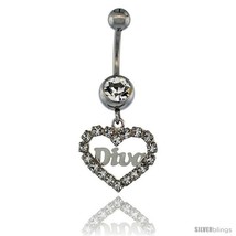 Surgical Steel Heart (DIVA) Belly Button Ring w/ Crystals, 1 in (25 mm) ... - £9.73 GBP