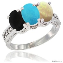 Size 9.5 - 10K White Gold Natural Black Onyx, Turquoise &amp; Opal Ring 3-Stone  - £455.71 GBP