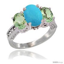 Size 5 - 14K White Gold Ladies 3-Stone Oval Natural Turquoise Ring with Green  - £657.91 GBP