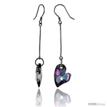 Sterling Silver Dangle Earrings w/ Purple Swarovski Crystal Fancy Heart 2 5/16  - £30.27 GBP
