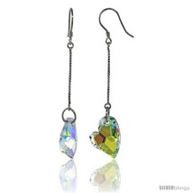 Sterling Silver Dangle Earrings w/ Yellow Swarovski Crystal Fancy Heart 2 5/16  - £30.28 GBP