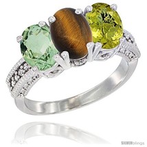 Size 9.5 - 14K White Gold Natural Green Amethyst, Tiger Eye &amp; Lemon Quartz Ring  - $708.93