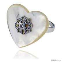 Size 7 - Heart-shaped Mother of Pearl Ring in Solid Sterling Silver, Accented  - £29.83 GBP