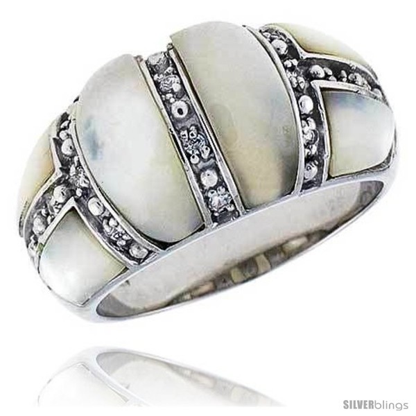 Size 6 - Mother of Pearl Dome Band in Solid Sterling Silver, Accented with Tiny  - $42.85