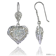 Sterling Silver 1 3/16in  (30 mm) tall Puffed Heart Filigree Dangle  - £29.52 GBP