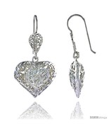 Sterling Silver 1 3/16in  (30 mm) tall Puffed Heart Filigree Dangle  - £29.38 GBP
