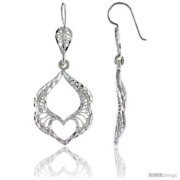 Primary image for Sterling Silver 1 13/16in  (47 mm) tall Filigree Dangle Earrings, w/ Heart Cut 