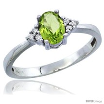 Size 6.5 - 14k White Gold Ladies Natural Peridot Ring oval 6x4 Stone Diamond  - £247.44 GBP