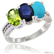 Size 9 - 14K White Gold Natural Peridot, Blue Sapphire &amp; Turquoise Ring 3-Stone  - £630.82 GBP