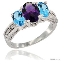 Size 8 - 14k White Gold Ladies Oval Natural Amethyst 3-Stone Ring with Swiss  - £562.38 GBP