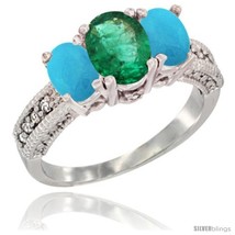 Size 9.5 - 10K White Gold Ladies Oval Natural Emerald 3-Stone Ring with  - £487.10 GBP