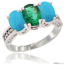 Size 5 - 10K White Gold Natural Emerald &amp; Turquoise Ring 3-Stone Oval 7x5 mm  - £505.52 GBP