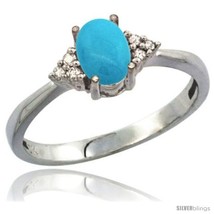 Size 6.5 - 10K White Gold Natural Turquoise Ring Oval 7x5 Stone Diamond  - £259.06 GBP