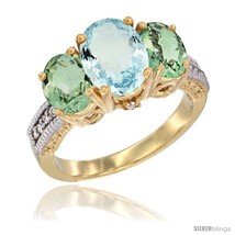 Size 13 - 14K Yellow Gold Ladies 3-Stone Oval Natural Aquamarine Ring with  - £686.44 GBP