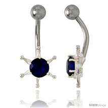 Sun Face Belly Button Ring with Blue Sapphire Cubic Zirconia on Sterling... - $33.05