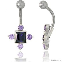 Fancy Star Belly Button Ring with Amethyst Cubic Zirconia on Sterling Si... - £26.48 GBP