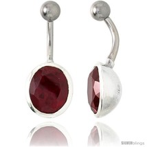 Large Oval Belly Button Ring with Red Cubic Zirconia on Sterling Silver  - £26.27 GBP