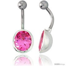 Large Oval Belly Button Ring with Pink Cubic Zirconia on Sterling Silver  - £26.64 GBP