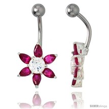 Sunflower Belly Button Ring with Ruby Red Cubic Zirconia on Sterling Sil... - $33.05