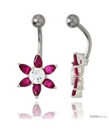 Sunflower Belly Button Ring with Ruby Red Cubic Zirconia on Sterling Sil... - £26.41 GBP