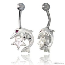 Dolphins Belly Button Ring with Clear Cubic Zirconia on Sterling Silver  - £26.41 GBP
