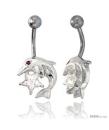 Dolphins Belly Button Ring with Clear Cubic Zirconia on Sterling Silver  - £26.41 GBP