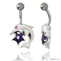 Dolphins Belly Button Ring with Amethyst Cubic Zirconia on Sterling Silver  - £25.98 GBP