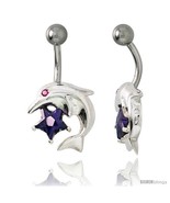 Dolphins Belly Button Ring with Amethyst Cubic Zirconia on Sterling Silver  - £26.41 GBP
